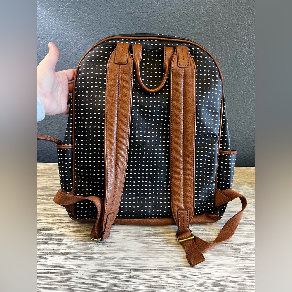 Fossil Black and White Polka Dot Backpack with Brown Accents - Picture 9 of 14